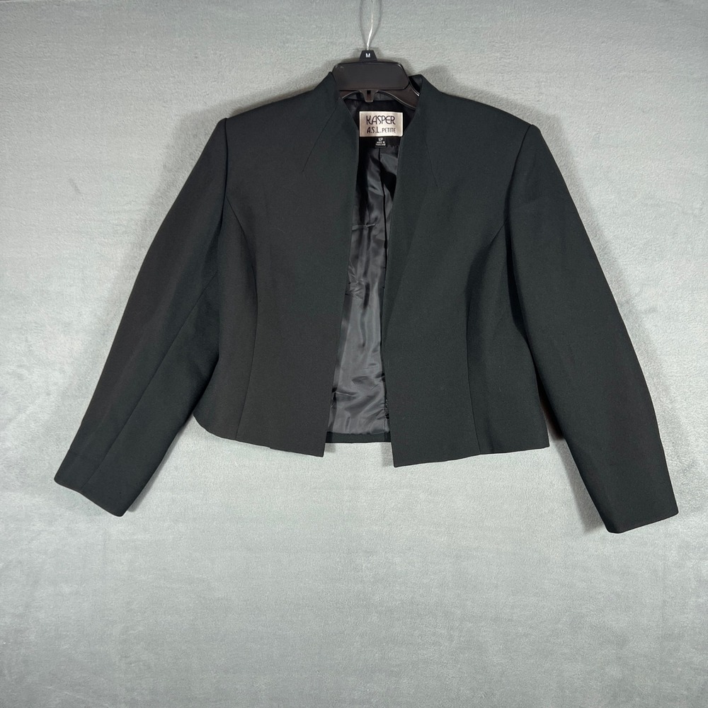 Kasper Womens Blazer 10P Black Cropped Open Front Long Sleeve Shoulder Pads Vtg